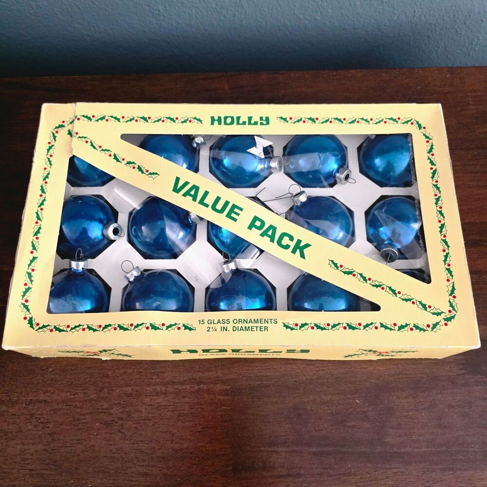 Holly Solid Blue Glass Christmas Ornament 15 Count Shiny 2 1/4 Inch Made In USA
